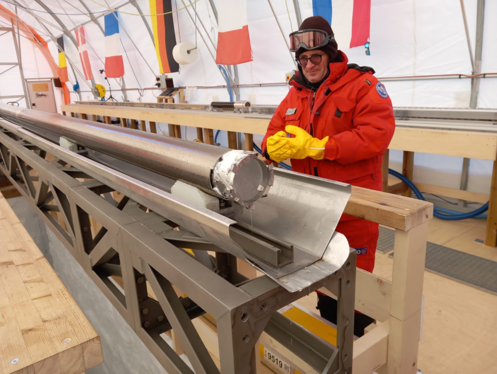 Saverio, proudly looking at the first ice core drilled this year