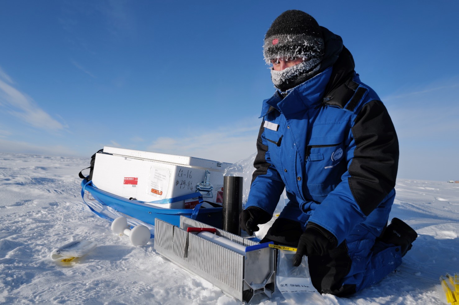 Romilly collects a series of 30 cm short cores along a photogrammetry transect several times during the season, cutting the cores into 10 mm samples. The project is designed to follow the development of the snow surface topography and stable water isotopes during the season