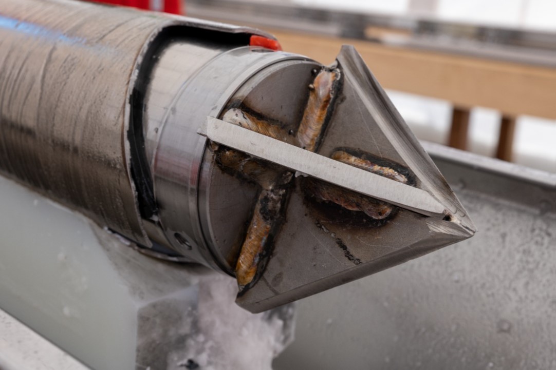 Arnold – the hardened steel cone cutter designed to isolate any debris in the borehole into a cone-shaped indentation on the top of the next ice core drilled.
