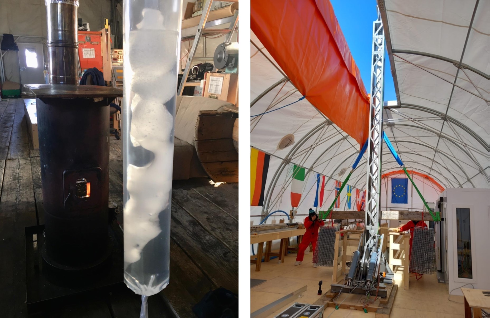 Left: the artificial ice core prepared by Florian and Markus to test the Swiss saw. On the background the old glorious EPICA workshop in Concordia. Right: Ingenious scientists at work calibrating the load cell