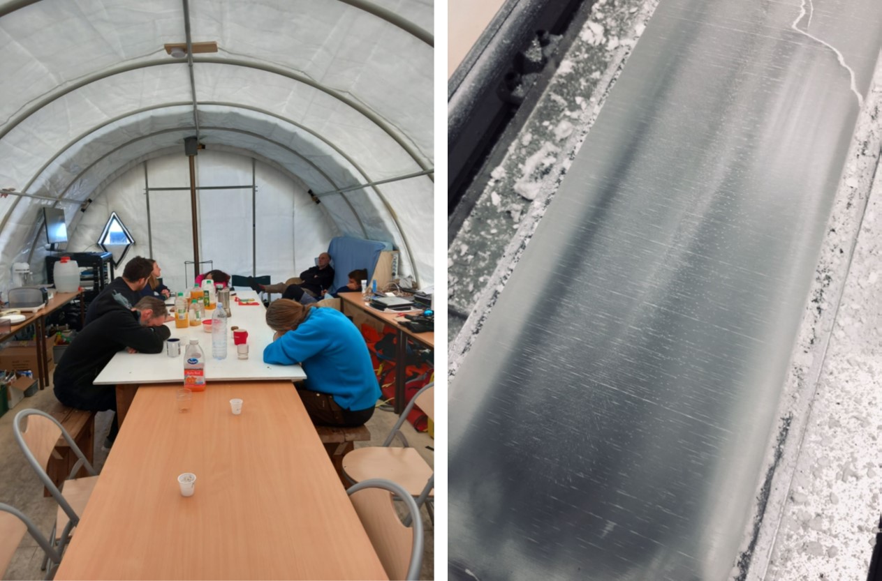 Left: tired scientists are taking a little nap after lunch before being catapulted in the warm atmosphere (-40°C) of the drilling tent. Right: the perfect horizontal cutting made by the Swiss saw masterfully operated by Markus and Florian.
